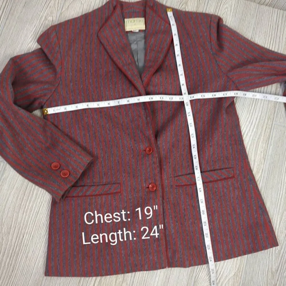 Marnie Womens Size 10 Two Button Closure Suit Jacket Red Blue Pinstripe Pockets